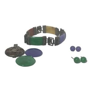 Vintage Sterling Silver Dyed Jade 4 Panel Bracelet with Matching Pendant and Ear